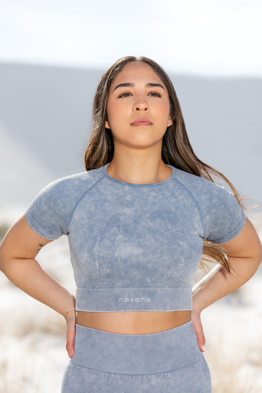 sky grey acid wash crop top