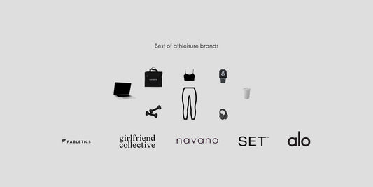 The image shows the logos of the favorite athleisure brands: fabletics, girlfriends collective, navano, setactive, and aloyoga, including cliparts of a navano tote, macbook, apple watch, iced coffee, headphones and the title "best of athleisure brands"